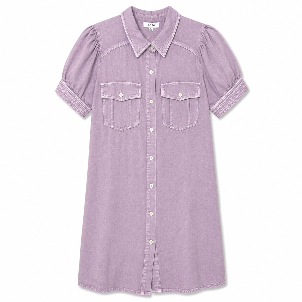 Fate Acid Wash Purple‎ Shirt Dress Small Puff Sleeve Utility Mini